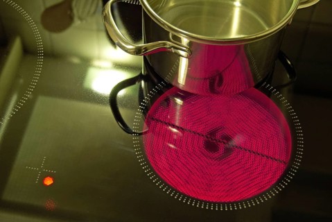 Ceramic hob, switched on, with saucepan