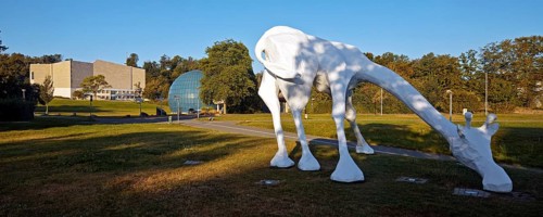 White giraffe, sculpture by Sina Heffner on the south head with Scharoun Theatre and Planetarium,