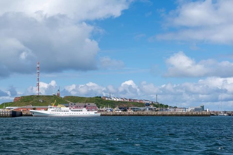 View from south-east to harbour facilities, Unterland and Oberland, offshore island Helgoland,