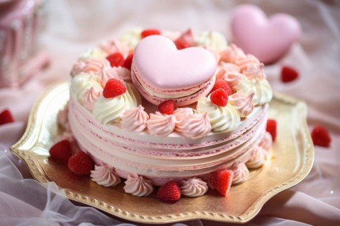 Romantic cream cake with large heart shaped french macaron on top. KI generiert, generiert, AI