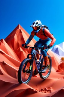 Olympic 2024 mountain biker metamorphosed into fluid abstract shapes french tricolor blue white
