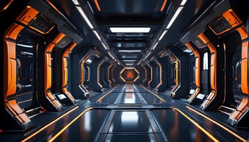 Three dimensional render of futuristic corridor inside a spaceship or space station, AI generated
