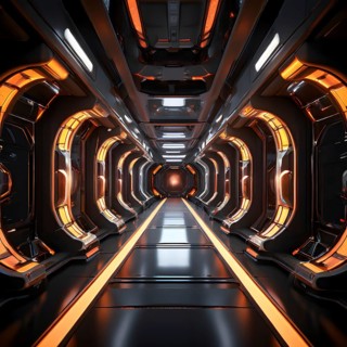 Three dimensional render of futuristic corridor inside a spaceship or space station, AI generated