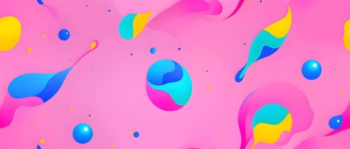 Abstract image with colorful yellow and turquoise blobs and liquid shapes on a pink background, AI