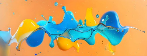 Abstract wallpaper with colorful turquoise and yellow blobs and liquid shapes on a orange