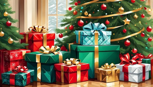 Abstract illustration of wrapped Christmas gifts, shiny ribbons and bows, stacked under a evergreen