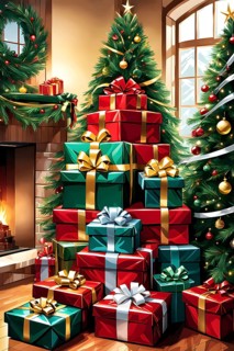 Abstract illustration of wrapped Christmas gifts, shiny ribbons and bows, stacked under a evergreen