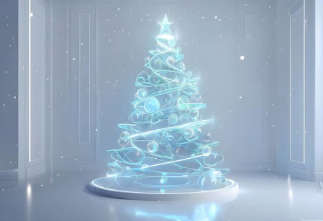 A three dimensional rendering of a futuristic Christmas tree made of glowing, semi-transparent