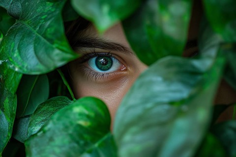 Close up of green eye of young woman between leaves of tropical houseplants. Generative Ai, AI