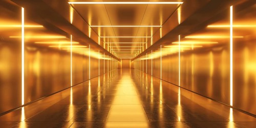 Futuristic long golden corridor. Generative Ai, AI generated