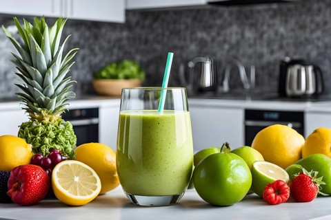 Smoothie surrounded by an assortment of fruits and vegetables, AI generated