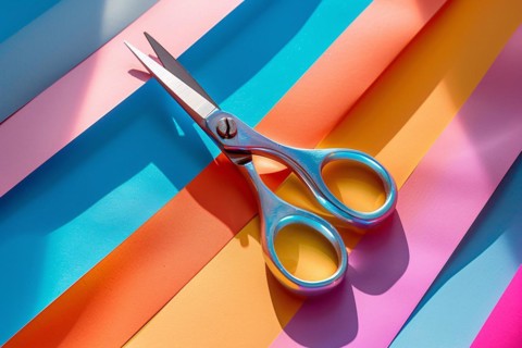 Scissors lying on colorful paper sheets. KI generiert, generiert, AI generated