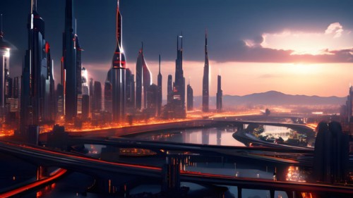AI generated virtual reality tour highlighting a state of the art futuristic cityscape with