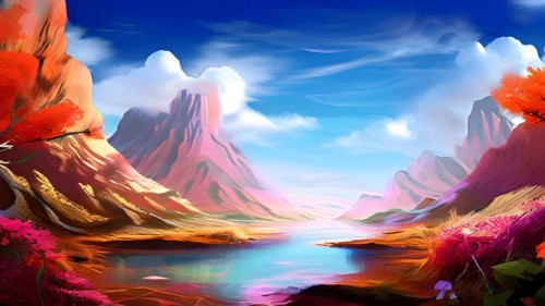 AI generated painting of a surreal landscape with mountains and a lake with digital brush strokes