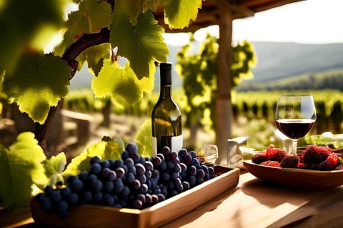 AI generated wine tasting table setup with wine and grapes nestled subtly amidst a thriving