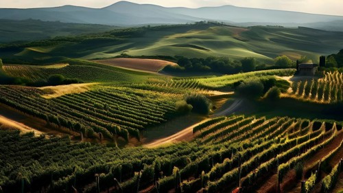 Aerial view of winding vineyard rows snake through rolling hills under atmospheric summer sun, AI