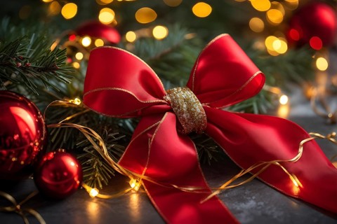 Christmas garland with gold and red ribbons intertwined with pine needles and tiny twinkling