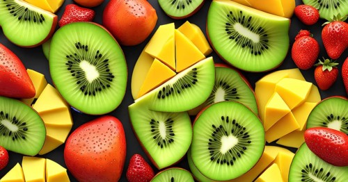 Colorful and artfully arranged slices of fruits like mangoes, strawberries, and kiwi, AI generated
