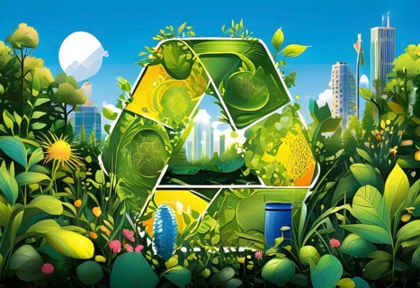 Recycling symbol morphing into growing plants and solar cells to symbolize the transformation of