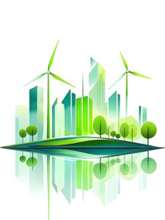 Abstract visual illustration of a city skyline where buildings morph into wind turbines and trees,