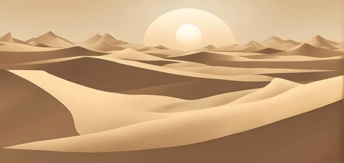 Abstract desert scene with triangular sand dunes and a single circular sun, using sharp lines and