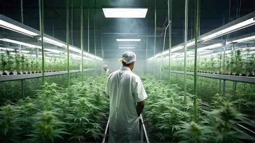 Cannabis cultivation facility in flourishing condition neatly arranged rows of vibrant green