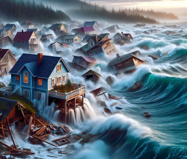 A monster wave, a tsunami, floods and destroys the houses of a village, climate change, climate