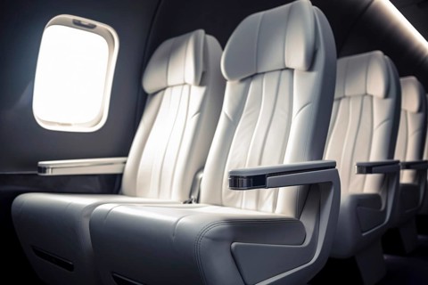 White leather seats in airplane. KI generiert, generiert AI generated