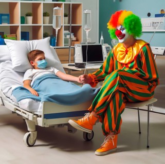 A clown, a clinic clown, in mask, red nose and costume with a sick child in the clinic, AI