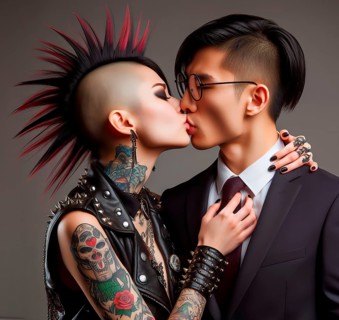 A female punk with a punk hairstyle, mohawk, leather clothes and tattoos kisses a solid young man