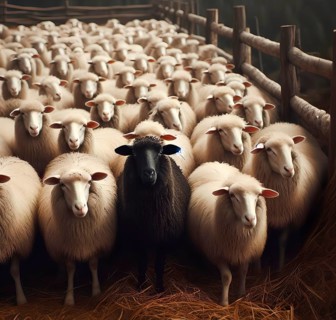 A white flock of sheep with a black sheep, symbol image outsider, special, special, AI generated,