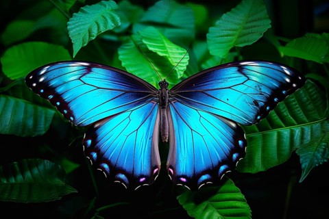 Beautiful stylized blue monarch butterfly on natural leaves environment, AI generated