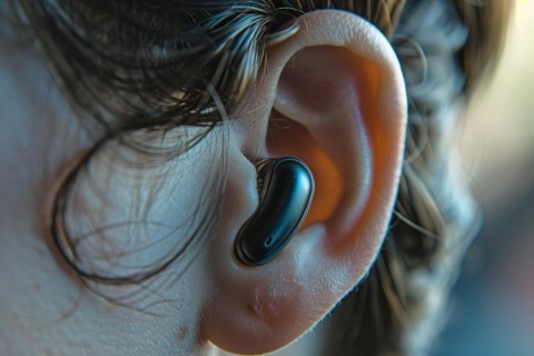 Small black hearing aid in person's ear. KI generiert, generiert, AI generated