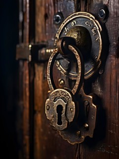 Detail of an old rusted lock on a wooden door, AI generated