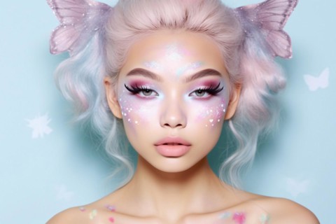 Woman with beautiful fairy makeup and pastel colored hair with butterfly headwings on pastel blue