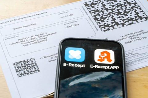 Symbolic image of an e-prescription, prescription issued by a doctor, with QR code, is scanned