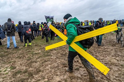 Demonstration against the demolition of the lignite village of Lützerath, from the village of