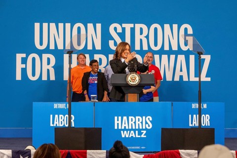Detroit, Michigan, USA, 2 September 2024, With labor leaders on the stage, Presidential candidate