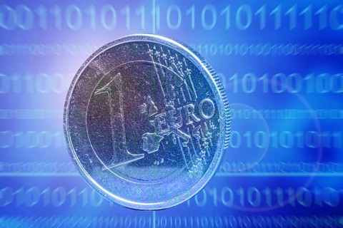Symbolic image of the digital euro: one-euro coin against a virtual background