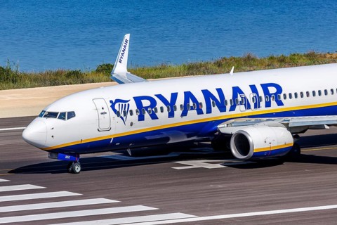 A Ryanair Boeing 737-800 aircraft with the registration SP-RSC at Corfu Airport, Greece, Europe