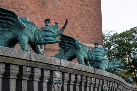 Bronze statues, dragons in front of the Radhus, City Hall, Copenhagen, Denmark, Europe
