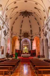 Nave and chancel of the Cathedral of Santa Maria de la neu, in the old town of Eivissa, Ibiza Town,