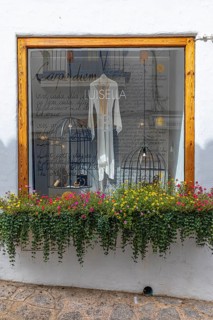 Window of a jewellery shop decorated with flowers in the old town of Eivissa, Ibiza Town, Ibiza,