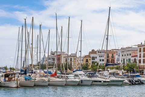 Sailing yachts anchored in the harbour of Eivissa, Ibiza Town, Ibiza, Balearic Islands,