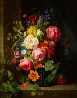 Still life with flowers in a blue crystal vase, painting by Josef Lauer (1818, 1881), Austrian