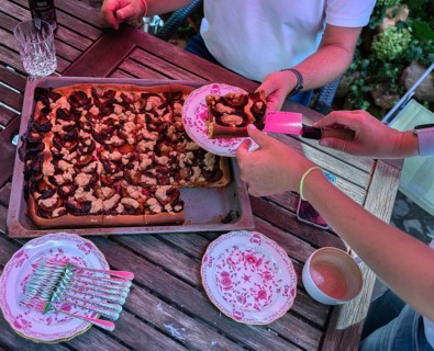 Fresh plum cake on the baking tray. Baden-Württemberg, Germany, Europe