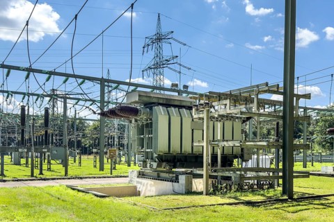In front large transformer transformer transformer power transformer in transformer station, on the
