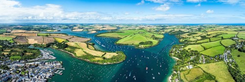 Panorama of Salcombe and Mill Bay over Kingsbridge Estuary from a drone, Batson Creek, Southpool