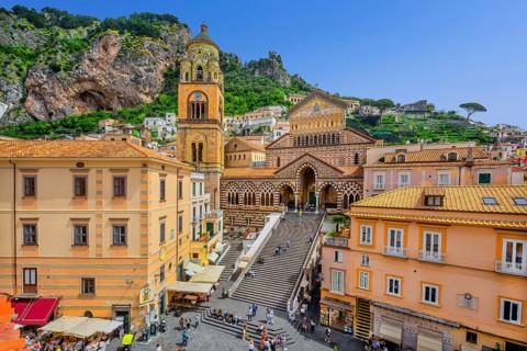 Cathedral square with cathedral in the historic centre, Amalfi, Amalfi Coast, Amalfitana, Campania,