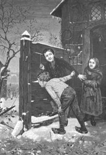 Young bird catchers, two boys watching a trap through a wooden wall with which they want to catch